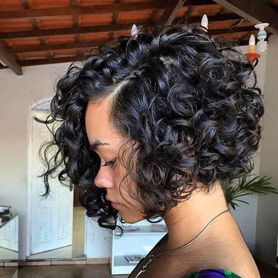 Curly Hair Short Natural Black 360 Lace Wigs Good Remy Human Hair
