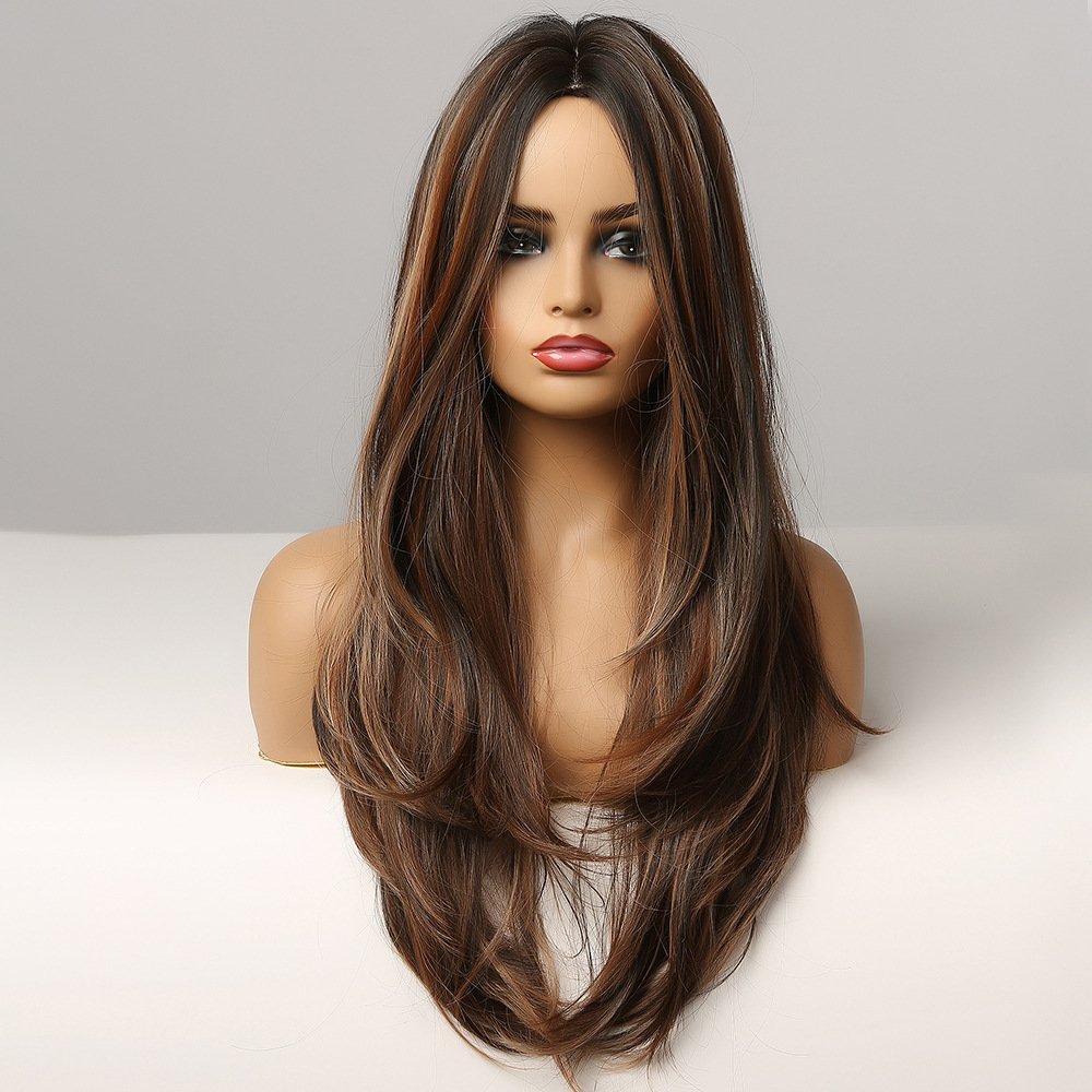 AsasHair Black Wig with Highlights Long Straight Synthetic Wig without Bangs Heat Resistant Hair Wig for Women