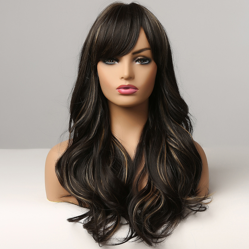 AsasHair Long Wavy Black Wig with Blonde Highlights with Bangs Heat Resistant Synthetic Wigs Women Cosplay Fancy Dress Party Daily Wear