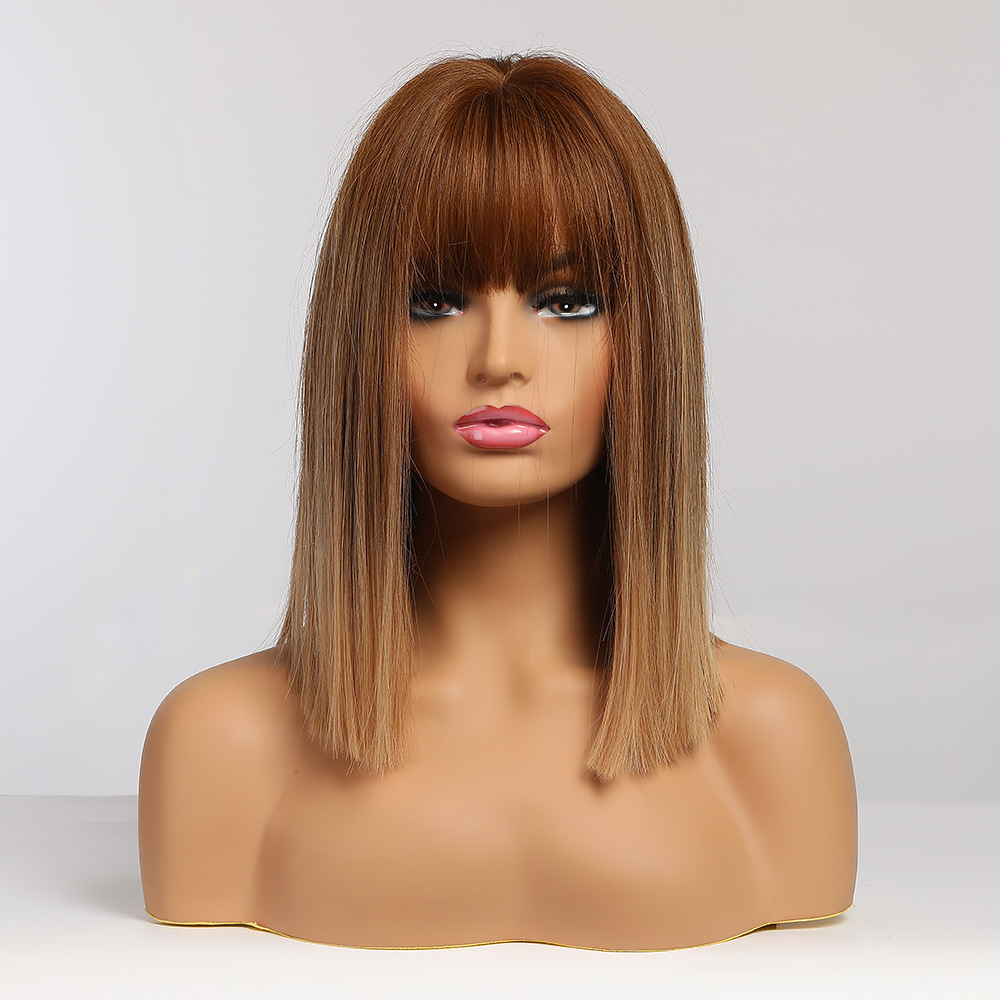 AsasHair Straight Blonde Wig Shoulder Length Bob with Bangs Synthetic Ombre Wig Resistant Hair Wig for Women Daily Wear