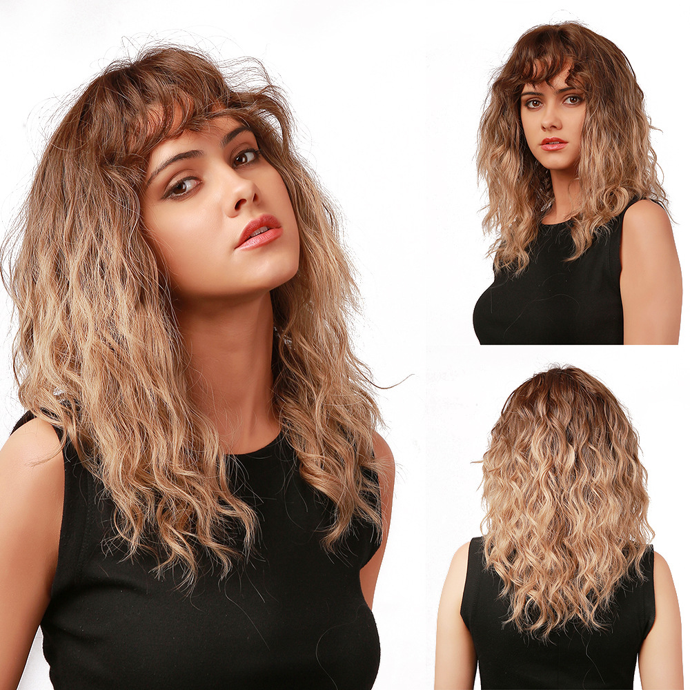 AsasHair Dark Brown to Light Blonde Wig Natural Curly Wigs with Bangs Heat Resistant Synthetic Wigs for Women