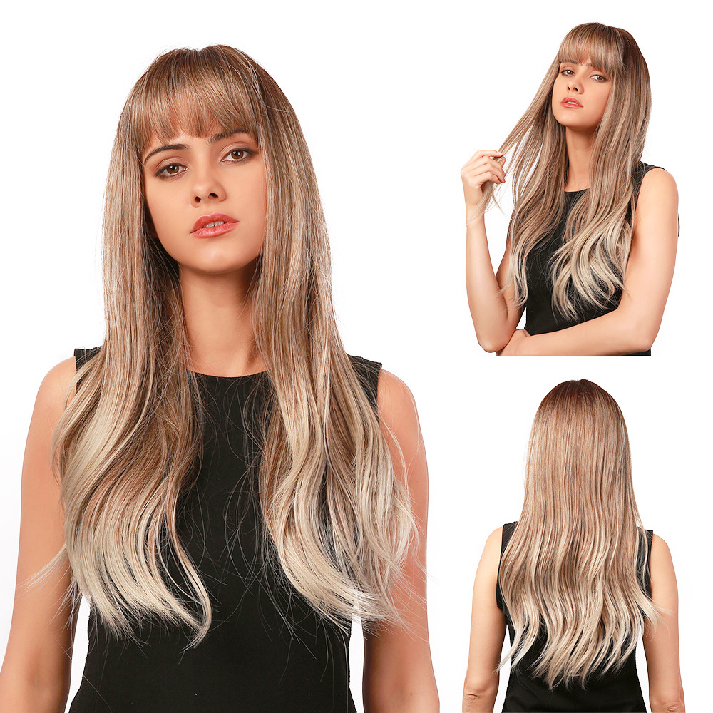 AsasHair Light Brown to Blonde Natural Long Loose Wave Synthetic Wig With Bangs Heat Resistant Hair Wig for Women Girls