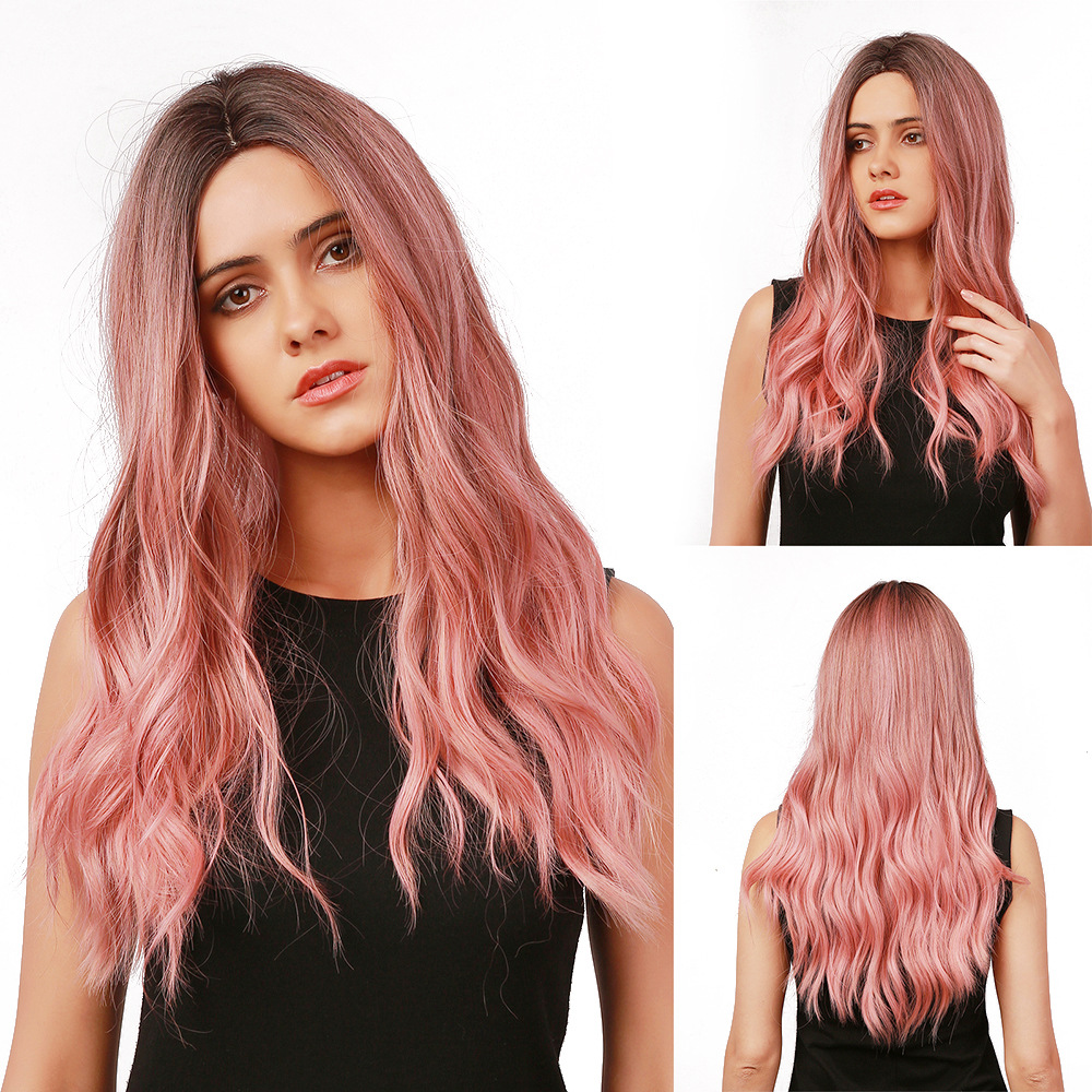 Women's Long Loose Wave Ombre Pink Wig with Dark Roots Without Bangs Ombre Synthetic AsasHair Wig for Dating Fancy Dress Party Daily Wear