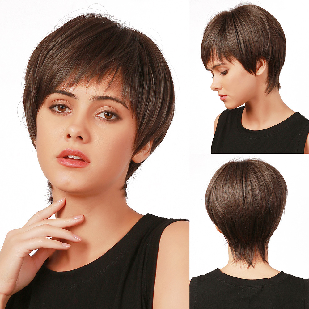 AsasHair Short Straight Dark Brown Wigs With Bangs Heat Resistant Synthetic Wigs for Women Costume Fancy Dress Party Wig
