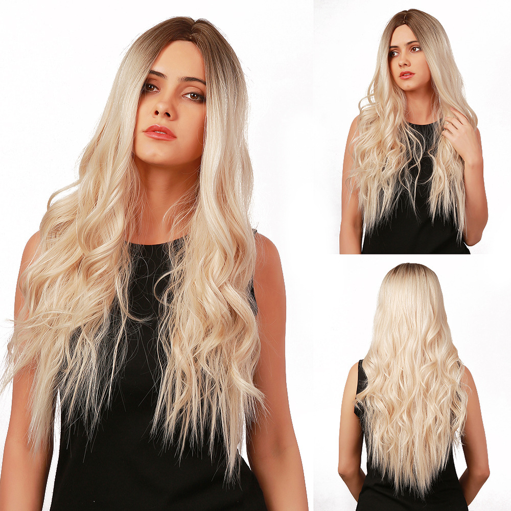 AsasHair Platinum Blonde with Dark Roots Wig without Fringe Naturalt Long Wave Wigs Heat Resistant Synthetic Wigs for Women