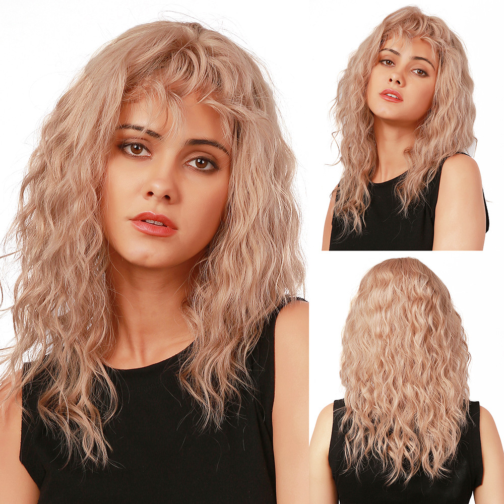 AsasHair Pink Wig with Bangs Shoulder Length Wavy Synthetic Wig No Parting Heat Resistant Hair Wig for Women
