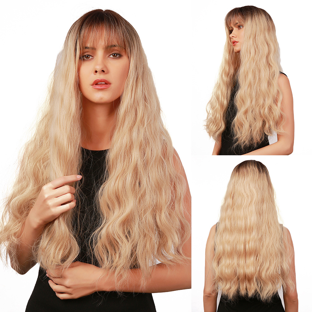 AsasHair Long Blonde Wig With Dark Roots Loose Wave Synthetic Ombre Wig with Friges Middle Parting Heat Resistant Hair Wig