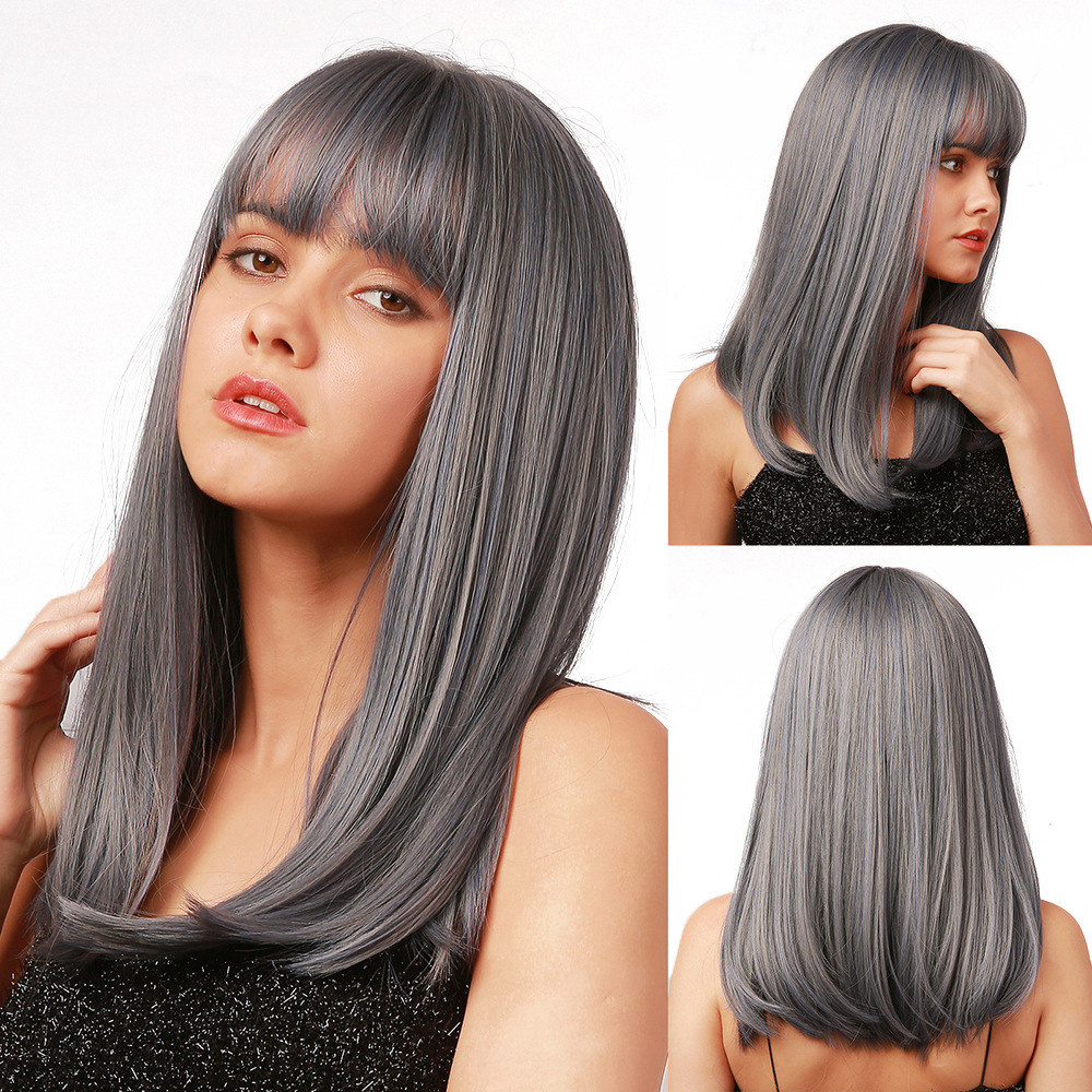 AsasHair Grey Wig with Highlights 16 Inches Straight Synthetic Bob Wig with Bangs Heat Resistant Hair Wig for Women Girls