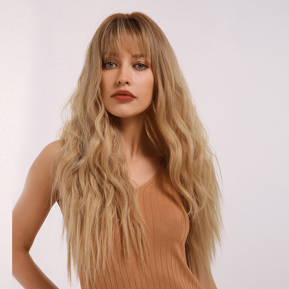 AsasHair Ombre Blonde Long Loose Wavy Wig with Bangs Stylish No Parting Hair Replacement Synthetic Women Full Wig for Girls Daily Wear 24 Inches