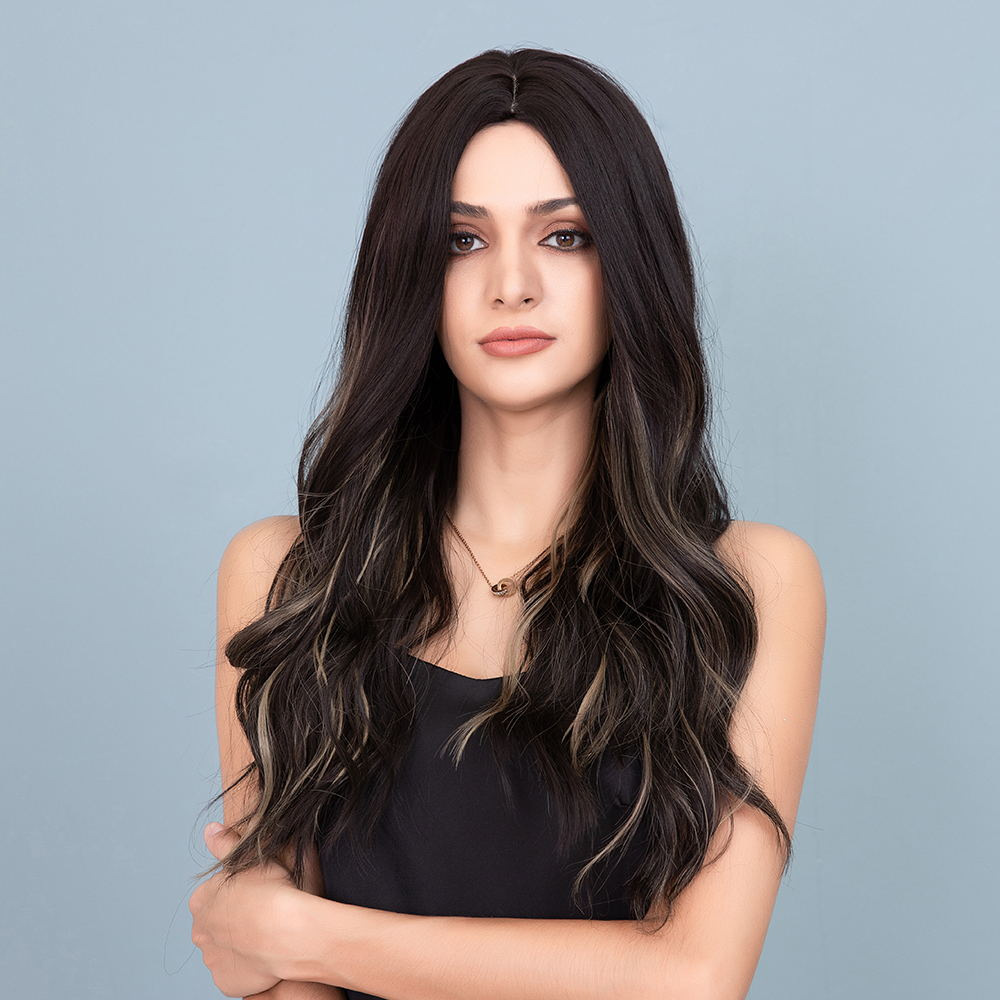 AsasHair Dark Black Wig with Light Blonde Hightlights Natural Long Body Wavy Synthetic Wig Middle Parting Heat Resistant Hair Wig for Women Girls