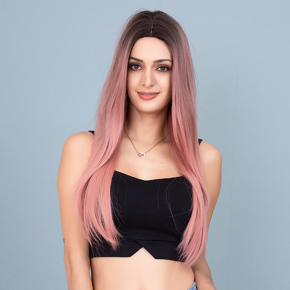 AsasHair Ombre Pink Wig with Dark Roots Natural Long Straight Synthetic Wig Middle Parting Heat Resistant Hair Wig for Women With Bangs