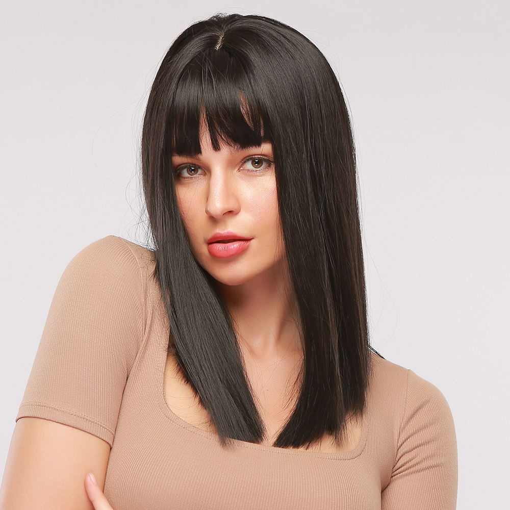 AsasHair Natural Black Wig Natural Shoulder Length Straight Synthetic Wig With Bangs Resistant Hair Wig for Women Girls