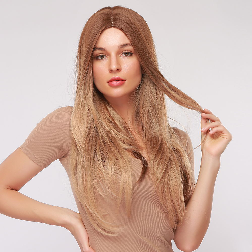 AsasHair Light Brown to Blonde Natural Shoulder Length Wavy Synthetic Wig Middle Parting Heat Resistant Hair Wig for Women Girls Daily Wear