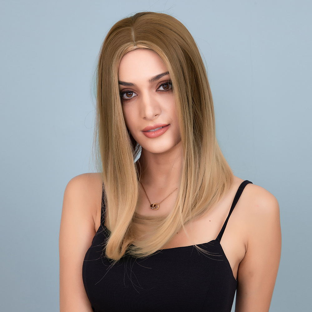 AsasHair Light Brown to Blonde Natural Long Straight Synthetic Wig Middle Parting Heat Resistant Hair Wig for Women Girls