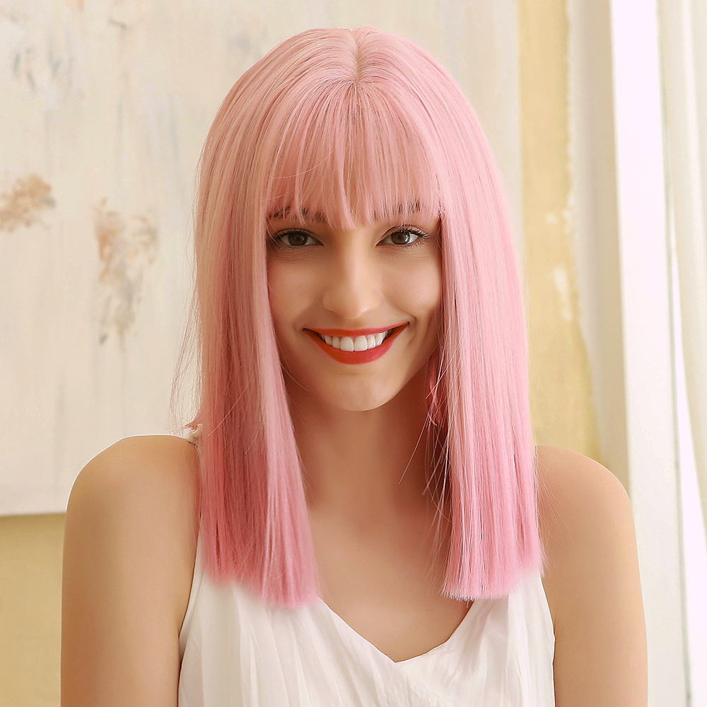AsasHair Pink Wig Natural Shoulder Length Straight Synthetic Wig With Bangs Heat Resistant Hair Wig for Women Girls Cosplay Dress Party Wigs