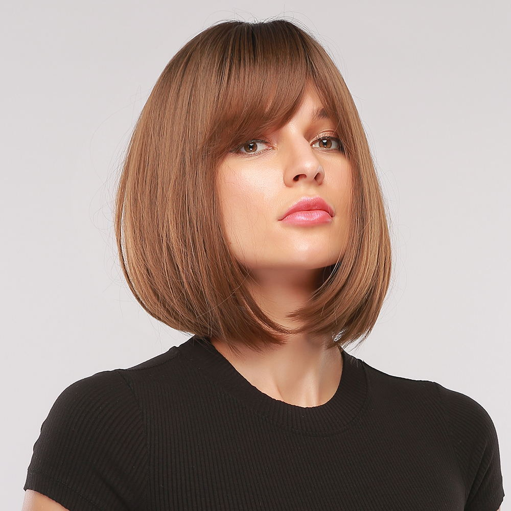 AsasHair Natural Brown Wig with Dark Roots Chin Length Straight Bobs style Synthetic Wig With Bangs Heat Resistant Hair Wig for Women Girls