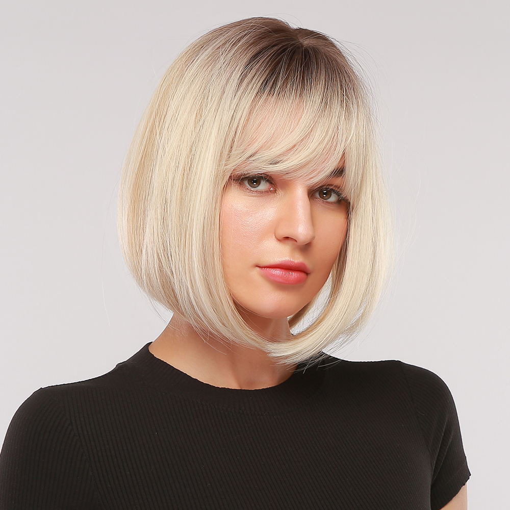AsasHair Platinum Blonde with Dark Brown Roots Chin Length Straight Bobs Style Synthetic Wig with Bangs Heat Resistant Hair Wig for Women Girls
