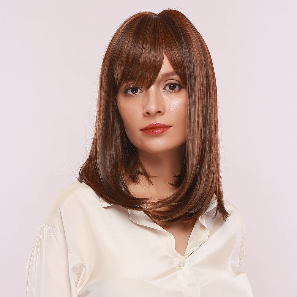 AsasHair Dark Brown with Highlights Shoulder Length Straight Bobs style Synthetic Wig With Bangs Heat Resistant Hair Wig for Women Girls Daily Wear