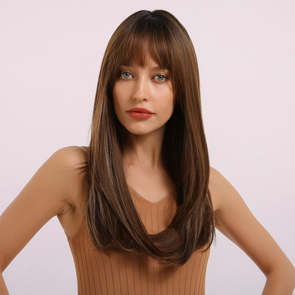 Dark Brown with Dark Roots Wig Natural Straight Dark Brown Wig with Bangs Glueless Layered hairstyle Synthetic Hair Wig for Women Daily Dress