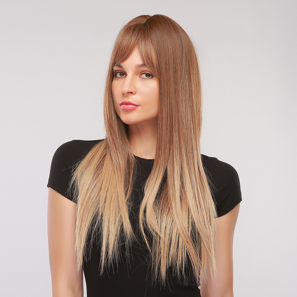 Ombre Brown to Blonde Highlight Wig AsasHair Natural Long Straight Heat Resistant Synthetic Wig with Bangs for Women Cosplay Dress Party Wigs