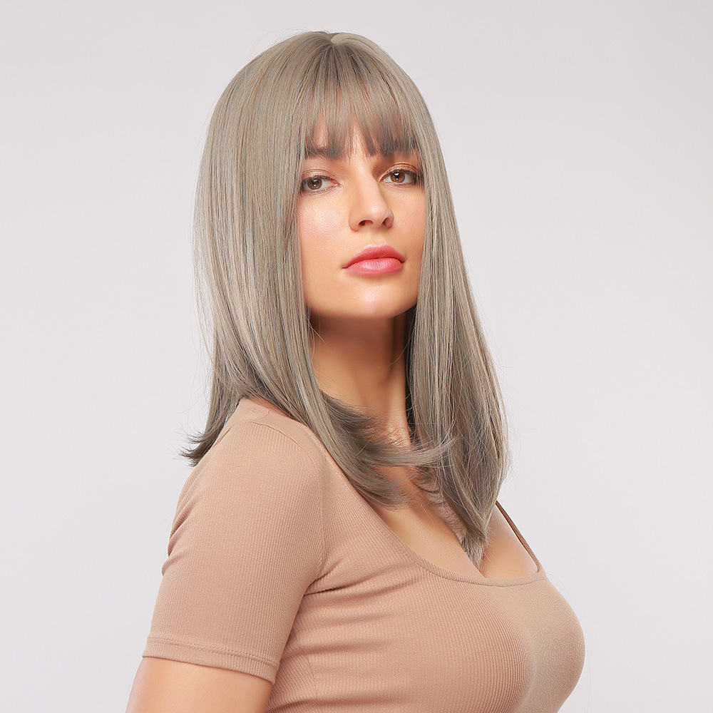Women's Light Grey Bob Wig with Highlights Shoulder Length Bob Straight Synthetic Wig with Bangs Cosplay Dress Party Wigs