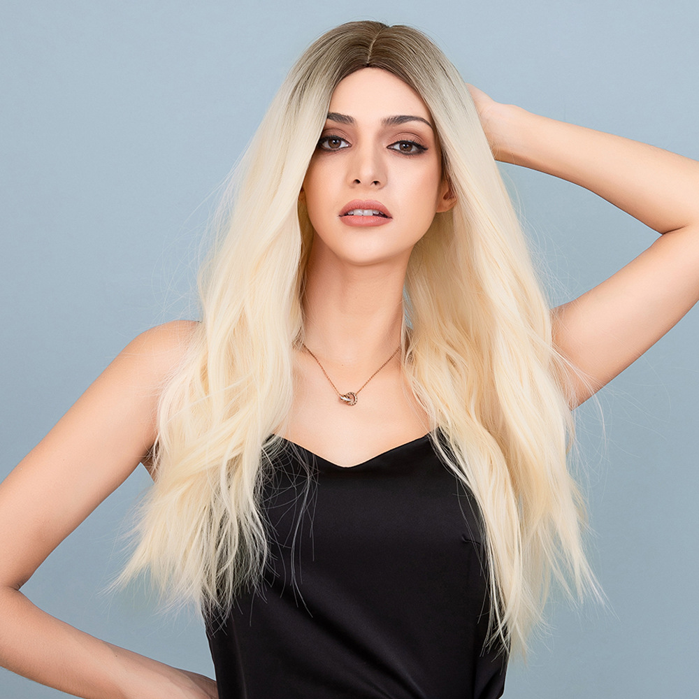 Long Wavy AsasHair Wig Ombre Platinum Blonde Wigs with Brown Roots Without Bangs Heat Resistant Synthetic AsasHair Wig for Cosplay Fancy Dress Daily Wear