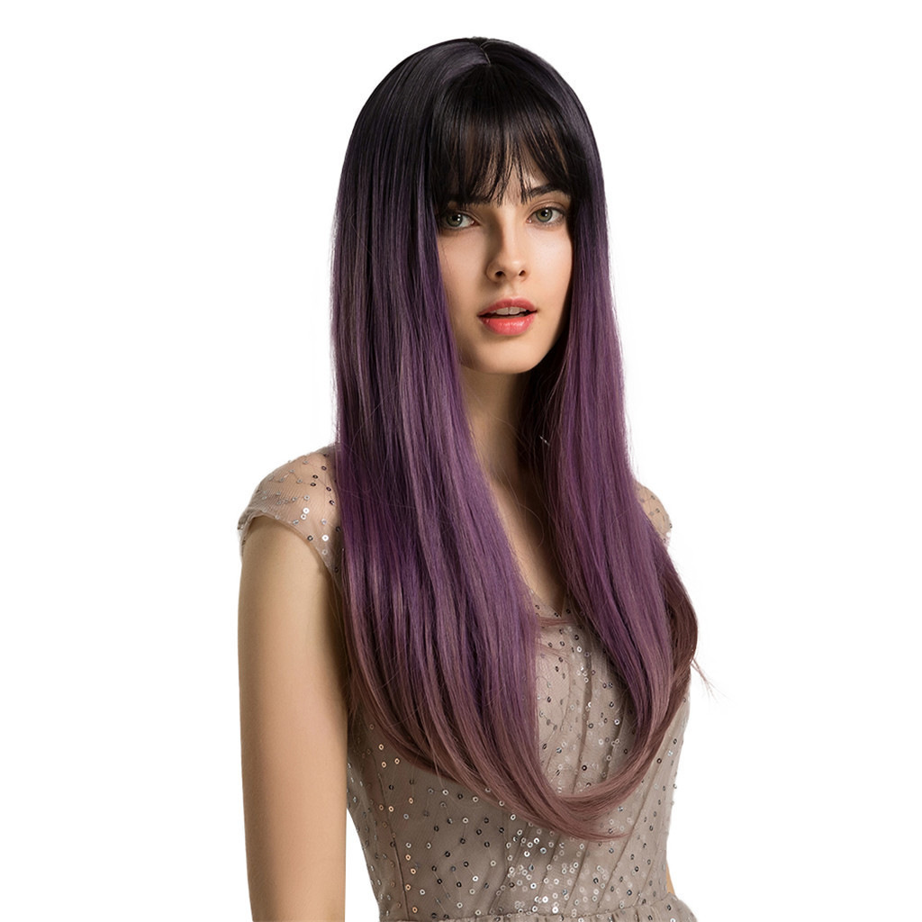 AsasHair Purple with Dark Roots Wig Long Straight Synthetic Wig for Women Fashion Middle Part Wig for Cosplay Party
