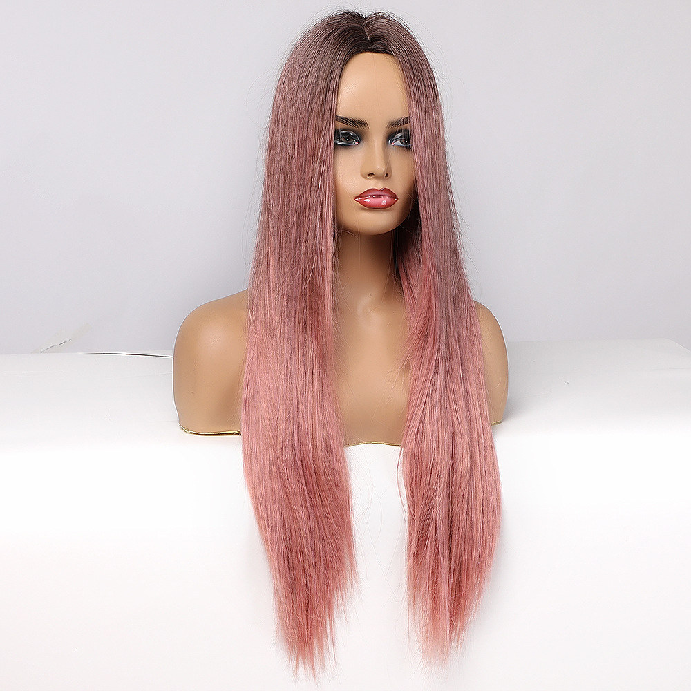 Pink with Dark Roots Wig Natural Silky Straight AsasHair Wig without Bangs Glueless Layered hairstyle Synthetic Hair Wig for Women Daily Dress
