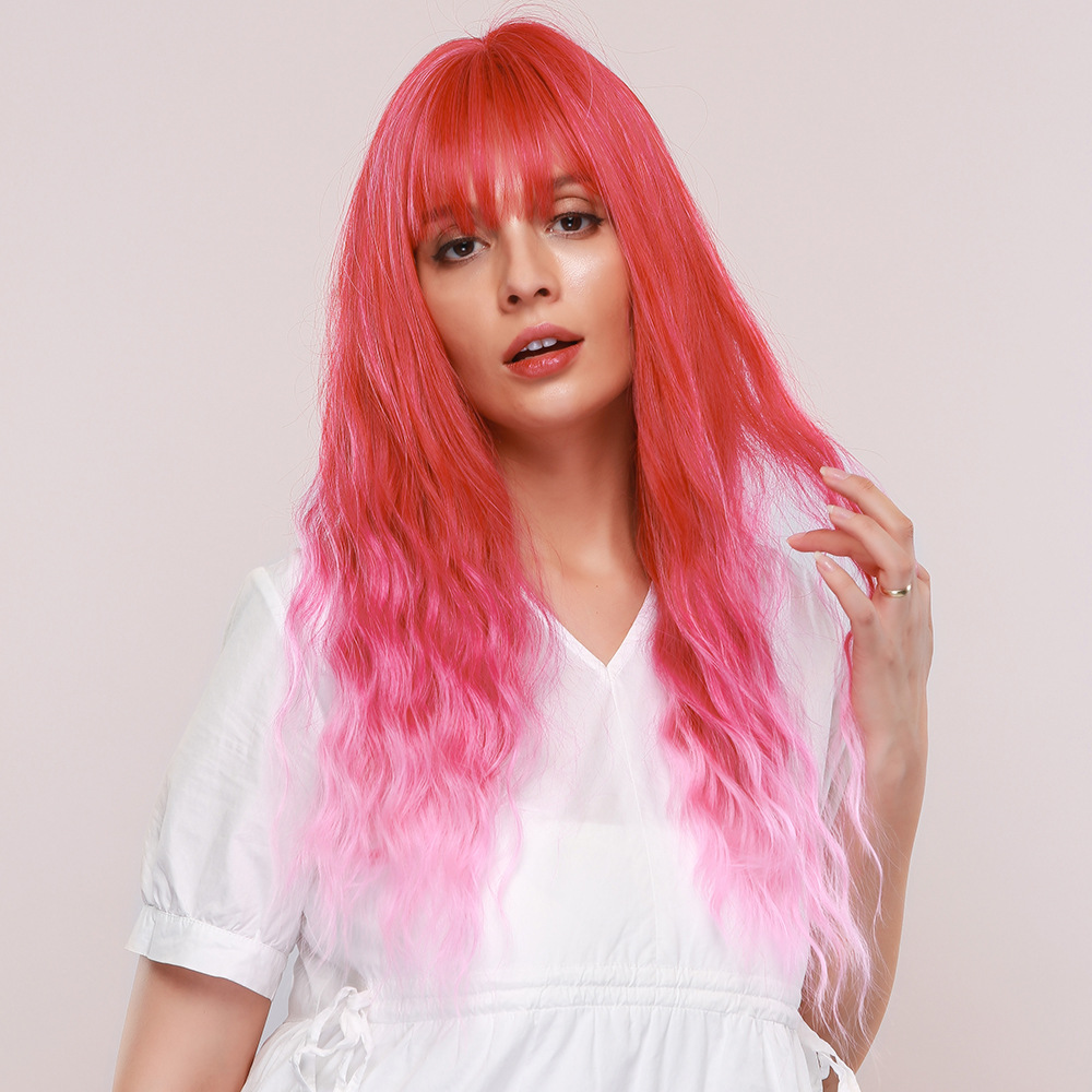 Ombre Red to Light Pink AsasHair Natural Long Wave Wigs With Bangs Heat Resistant Synthetic Wigs for Women