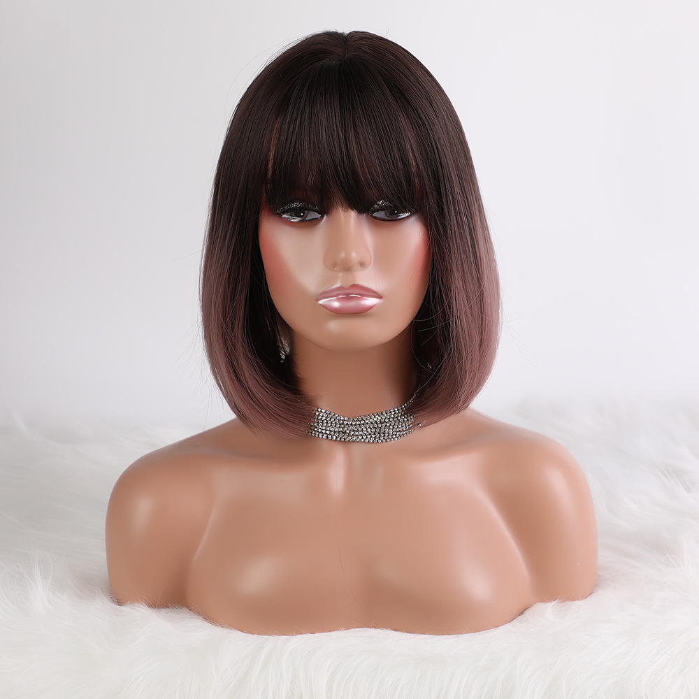 AsasHair Browm to Pink Bob Wigs Chin Length Straight with Bangs No Parting Hair Replacement Synthetic Women Full Wig Daily Wear for Women