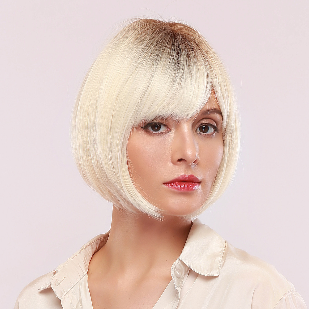 AsasHair Grey Bob Wigs with Dark Roots Chin Length Straight White Synthetic Wigs with Bangs Capless Wigs for Women Daily Wear
