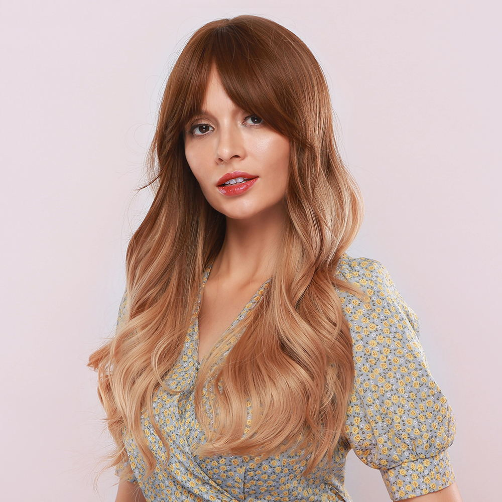 AsasHair Ombre Dark Brown to Light Brown Long Body Wavy Synthetic Wig with Fringe Heat Resistant Hair Wig for Women Girls