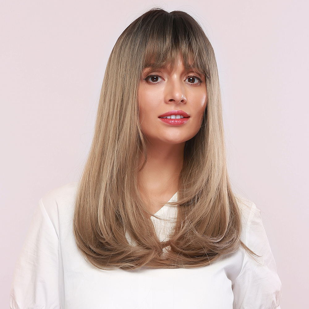 AsasHair Blonde Wig with Black Roots Long Straight layered Synthetic Wig with Bangs Heat Resistant Hair Wig for Women Girls