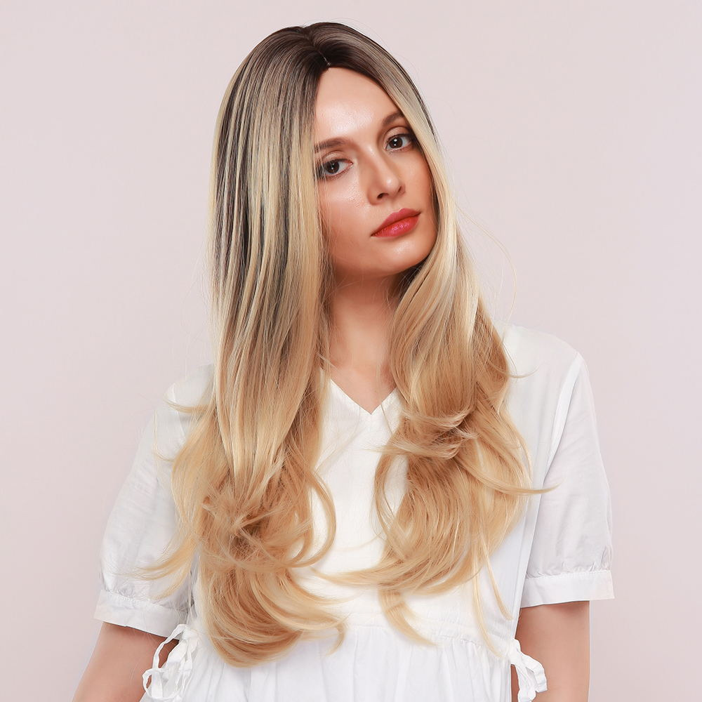 AsasHair Shiny Blonde Wig with Dark Brown Highlights Long Wave Synthetic Wig Middle Parting Heat Resistant Hair Wig for Women Girls