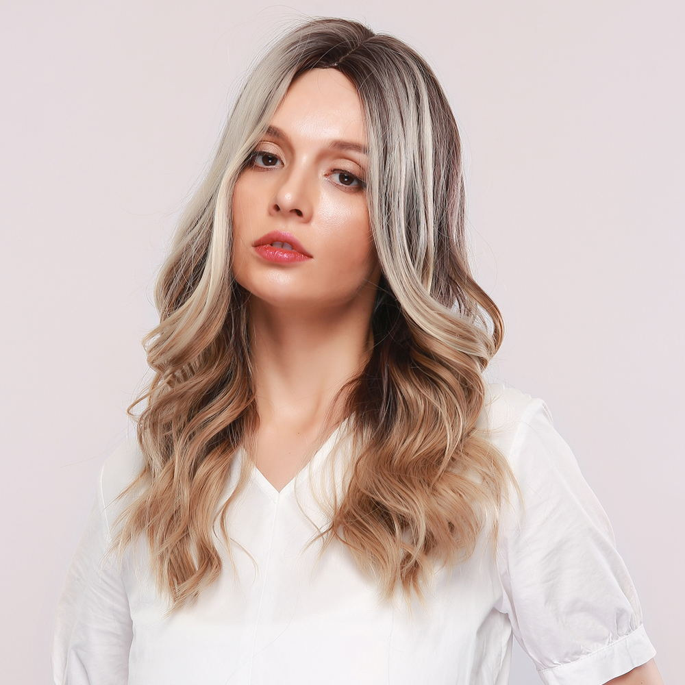 AsasHair Ombre Brown with Highlights Long Wave Synthetic Wig Middle Parting Heat Resistant Fashion Hair Wig for Women Girls