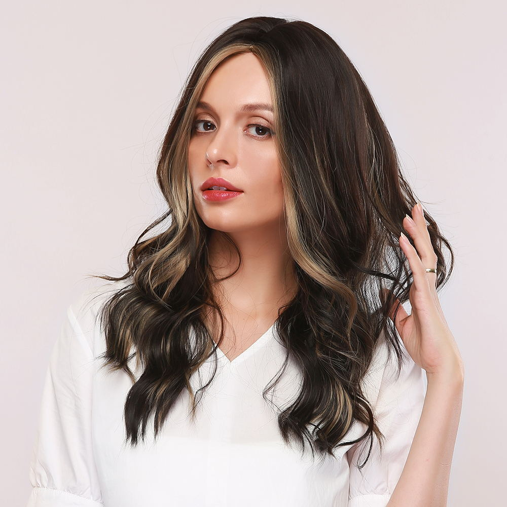 AsasHair Natural Black with Brown Highlights Long Loose Wave Synthetic Wig Middle Parting Heat Resistant Hair Wig for Women Girls