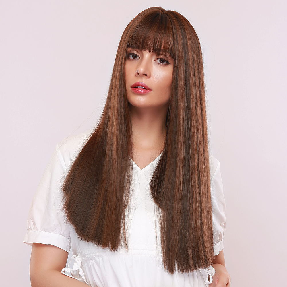AsasHair Natural Brown with Highlights Long Straight Synthetic Wig With Bangs Heat Resistant Hair Wig for Women Girls