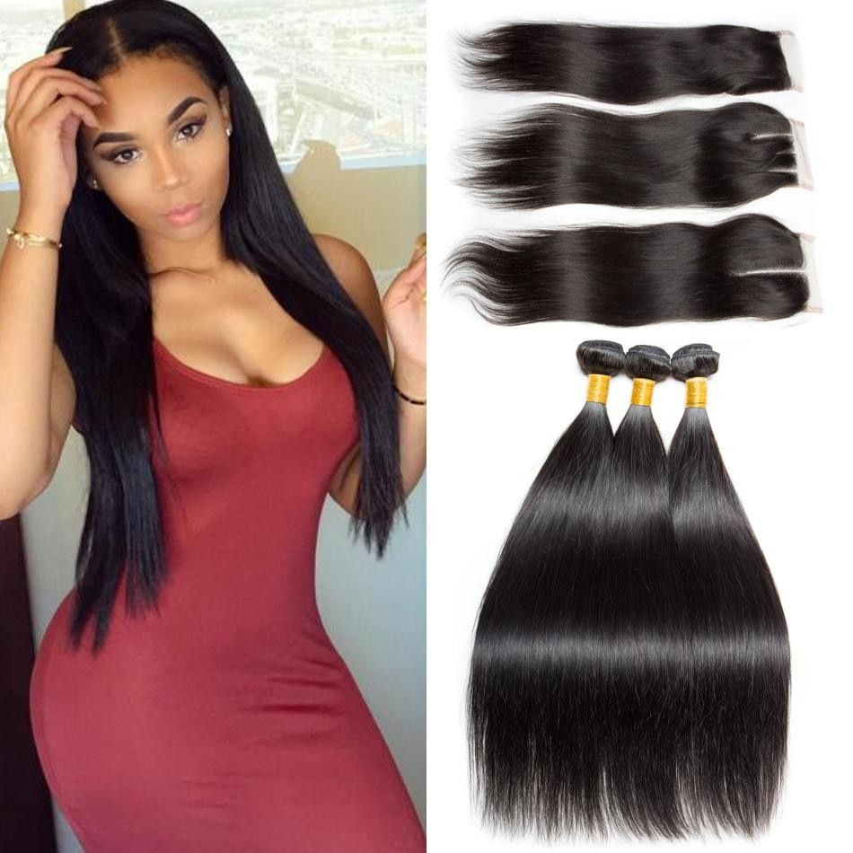 Wholesale Straight Virgin Hair Weave 3 Bundles With Lace Closure Natural Color