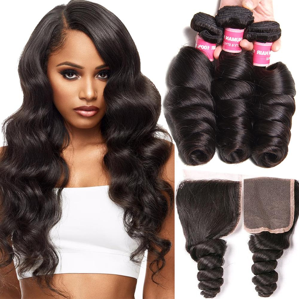 Lace Closure With 3 Bundles Loose Wave Virgin Malaysian Hair Weaves