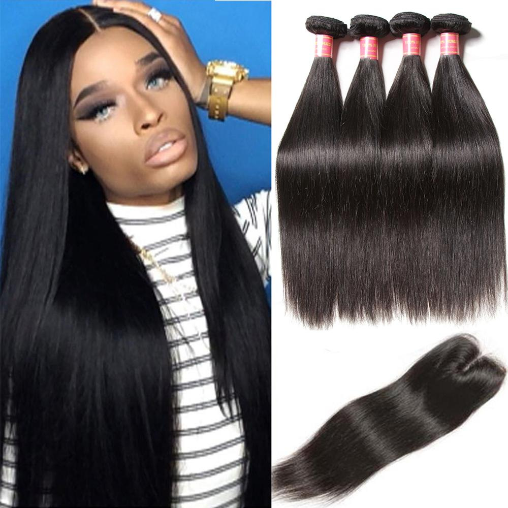 4 Bundles Brazilian Straight Hair With Lace Closure Natural Color