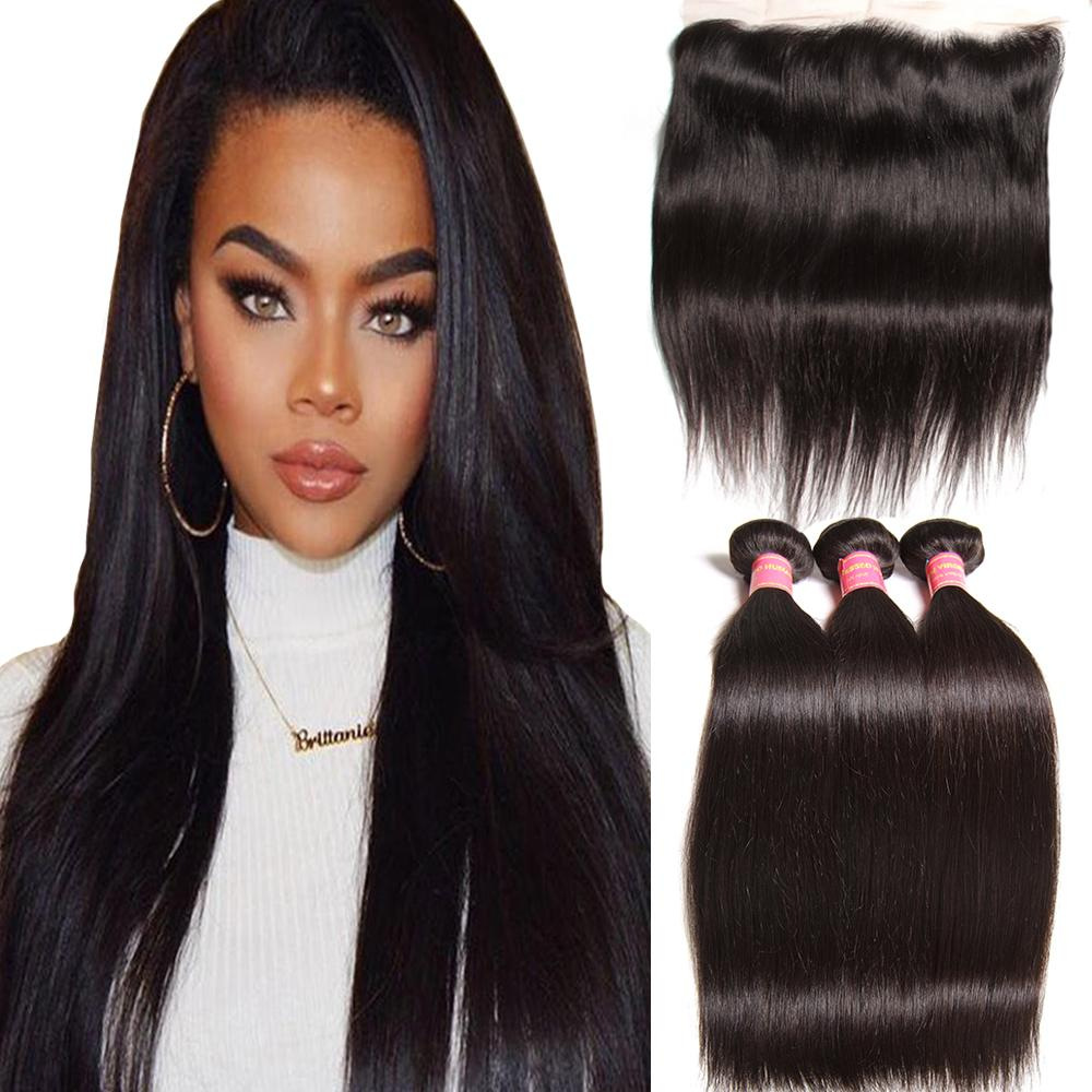 4 Bundles Straight Wave Virgin Hair Weave And Frontal 13*4 Ear To Ear Frontal Closure