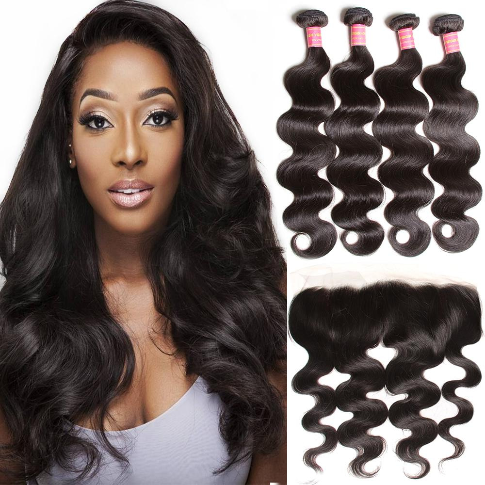 4 Bundles Body Wave Virgin Hair Weave And Frontal 13*4 Ear To Ear Frontal Closure