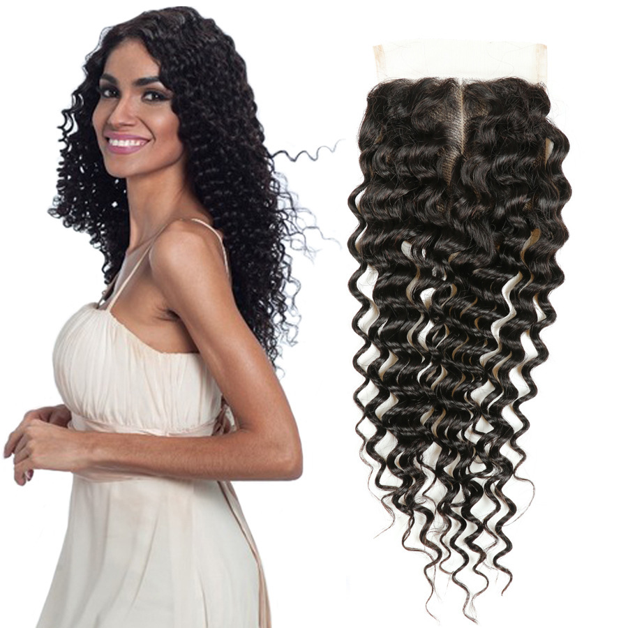 Virgin Hair Kinky Curly 4*4 Middle Part Lace Top Closures Natural Black