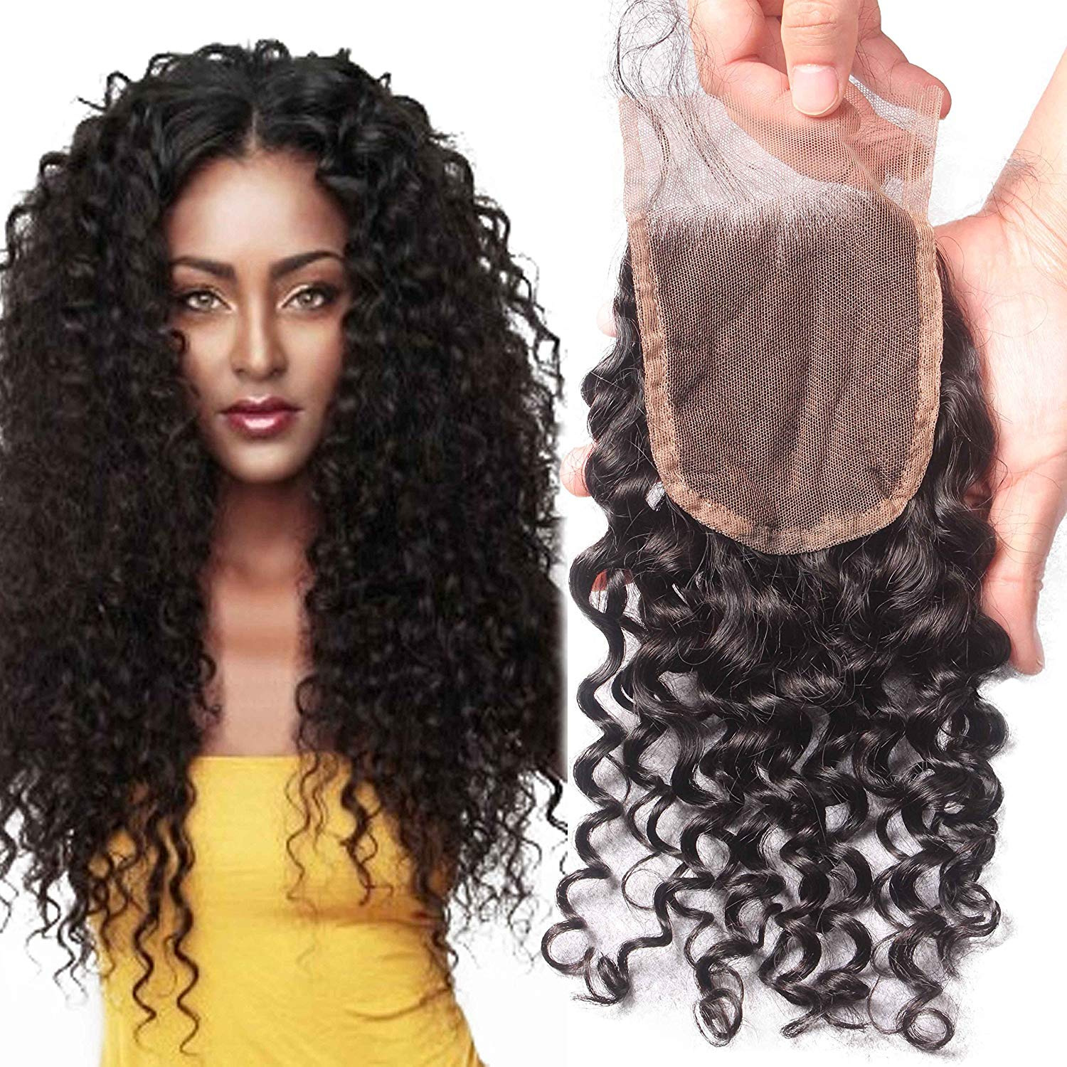 Curly Hair Closure 4*4 Free Part Remy Human Hair Curly Wave Top Lace Closure With Baby Hair And Naturl Black